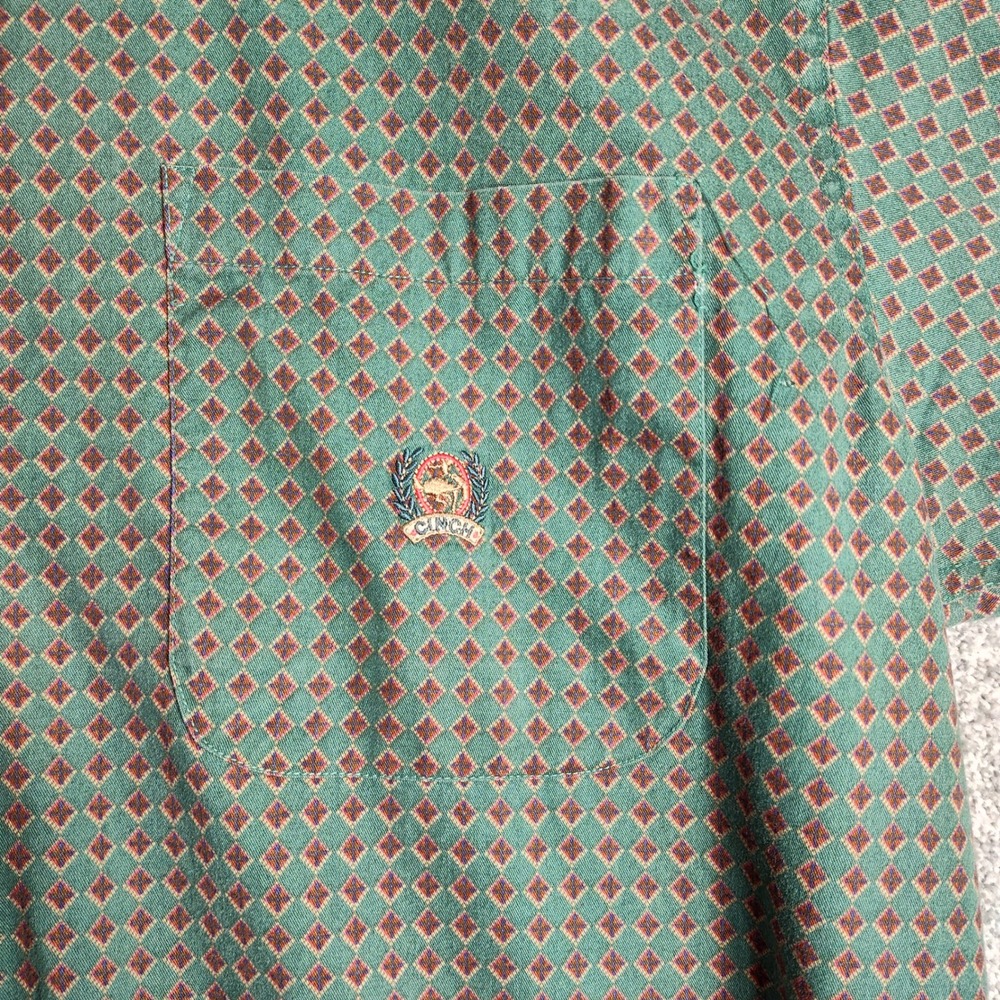 Cinch Button Down Shirt Diamond Print Western Short Sleeve Green Mens Size M - Picture 2 of 9
